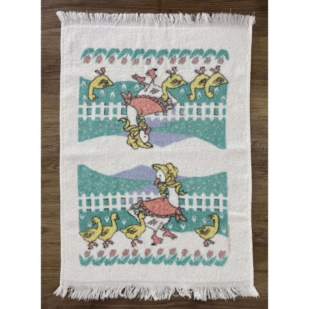 Vintage Cannon Mother Goose Ducklings Fringe Hand Towel Cottagecore Nursery 80s